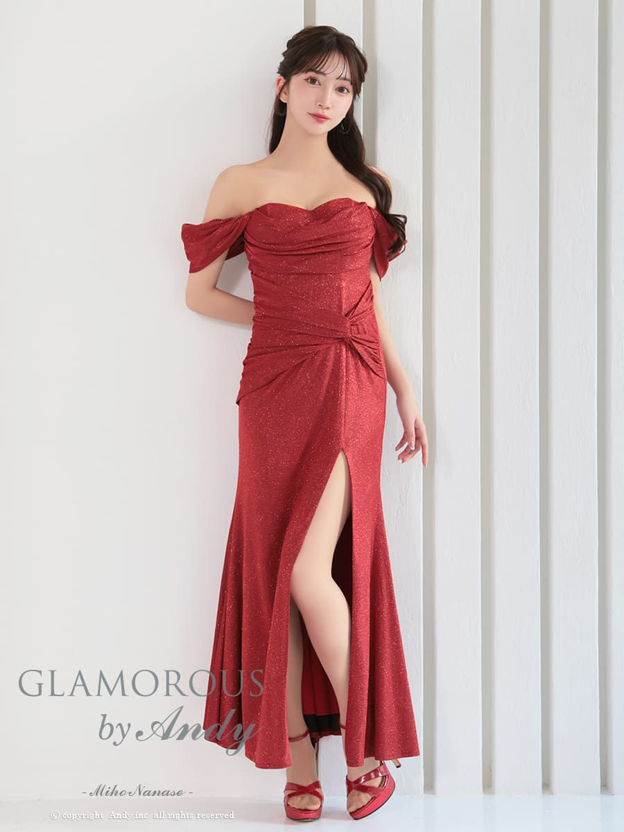 キャバドレス AndyGLAMOROUS アンディグラマラス　オフショルダー タック シンプル ラメ スリット Aライン ロングドレス