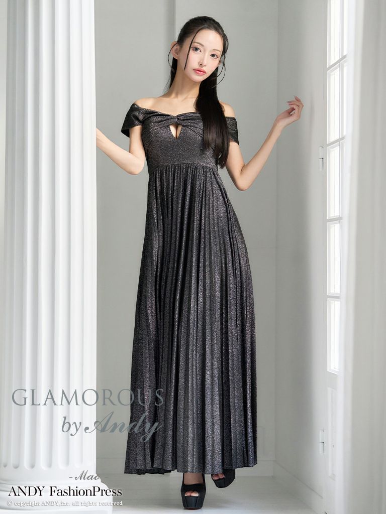 キャバドレス AndyGLAMOROUS アンディグラマラス オフショルダー タック シンプル ラメ バストカット プリーツ Aライン ロングドレス