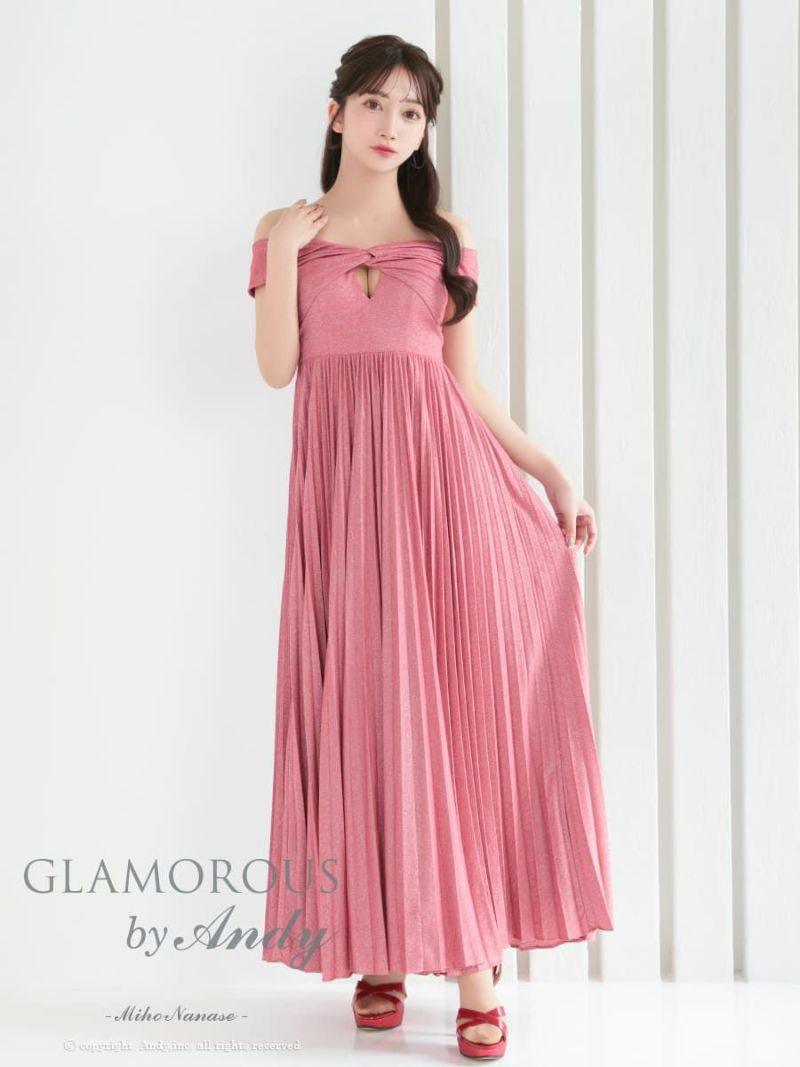 キャバドレス AndyGLAMOROUS アンディグラマラス オフショルダー タック シンプル ラメ バストカット プリーツ Aライン ロングドレス