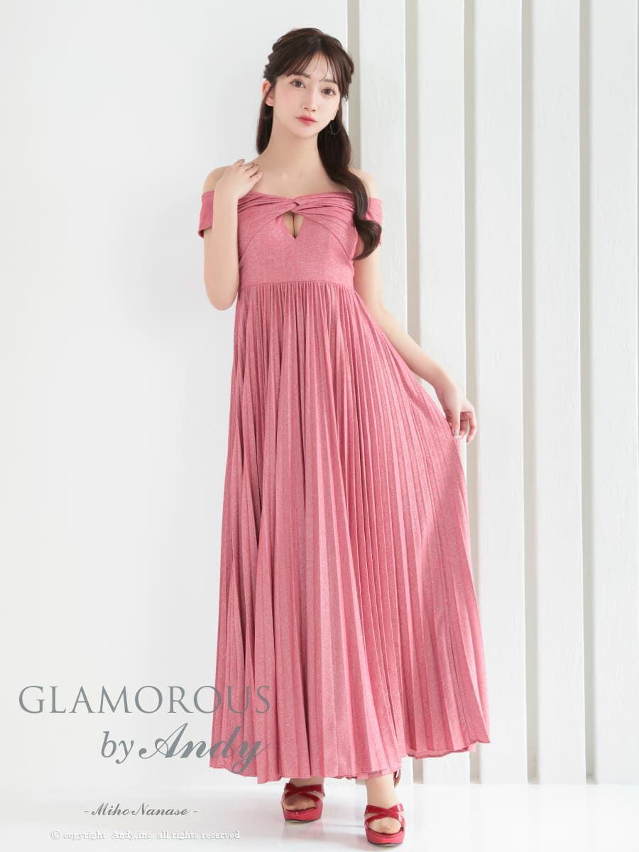 キャバドレス AndyGLAMOROUS アンディグラマラス オフショルダー タック シンプル ラメ バストカット プリーツ Aライン ロングドレス