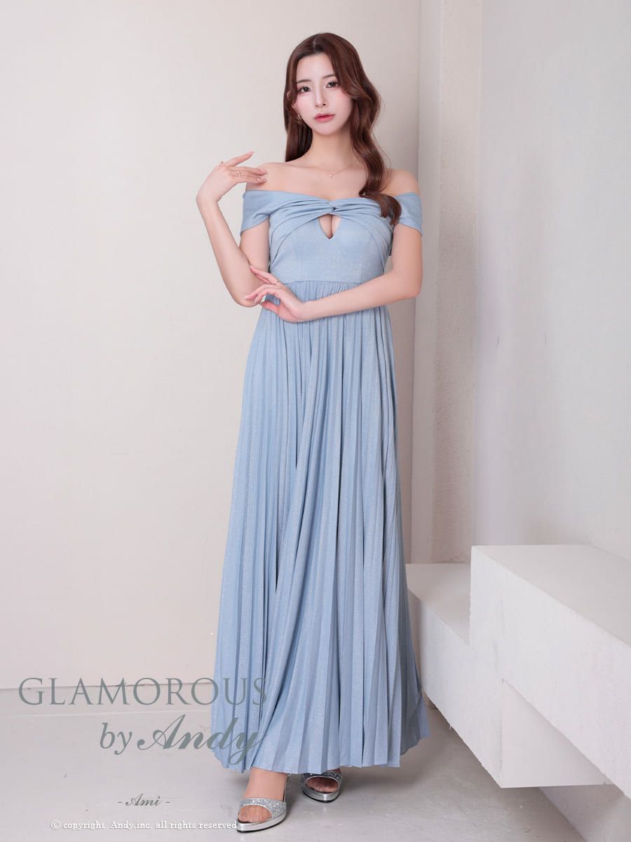 キャバドレス AndyGLAMOROUS アンディグラマラス オフショルダー タック シンプル ラメ バストカット プリーツ Aライン ロングドレス