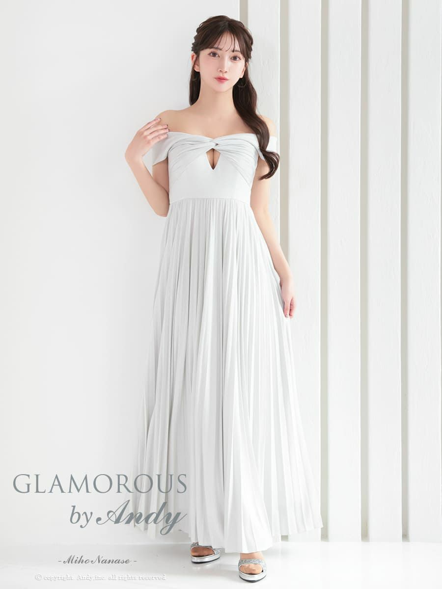キャバドレス AndyGLAMOROUS アンディグラマラス オフショルダー タック シンプル ラメ バストカット プリーツ Aライン ロングドレス