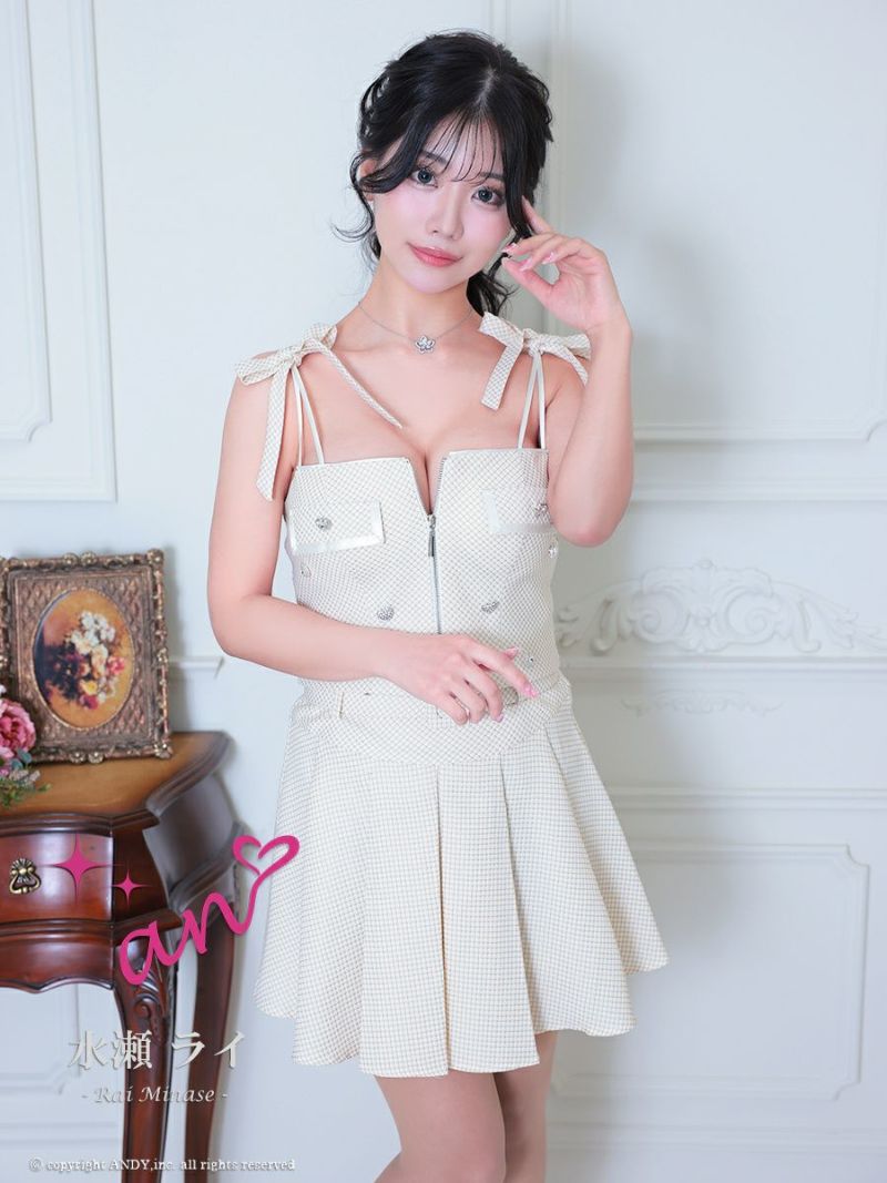 キャバドレス an アン 高級 キャミソール ジップデザイン ショルダーリボン ウエストベルト チェック柄 プリーツ セットアップ フレアミニドレス