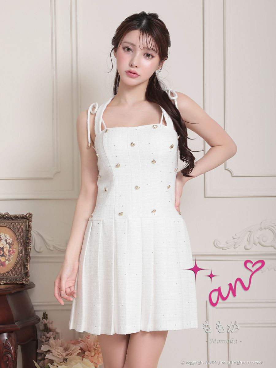 キャバドレス an アン 高級 ホルターネック ツイード ショルダーリボン スパンコール ビジュー ボタン プリーツ フレアミニドレス