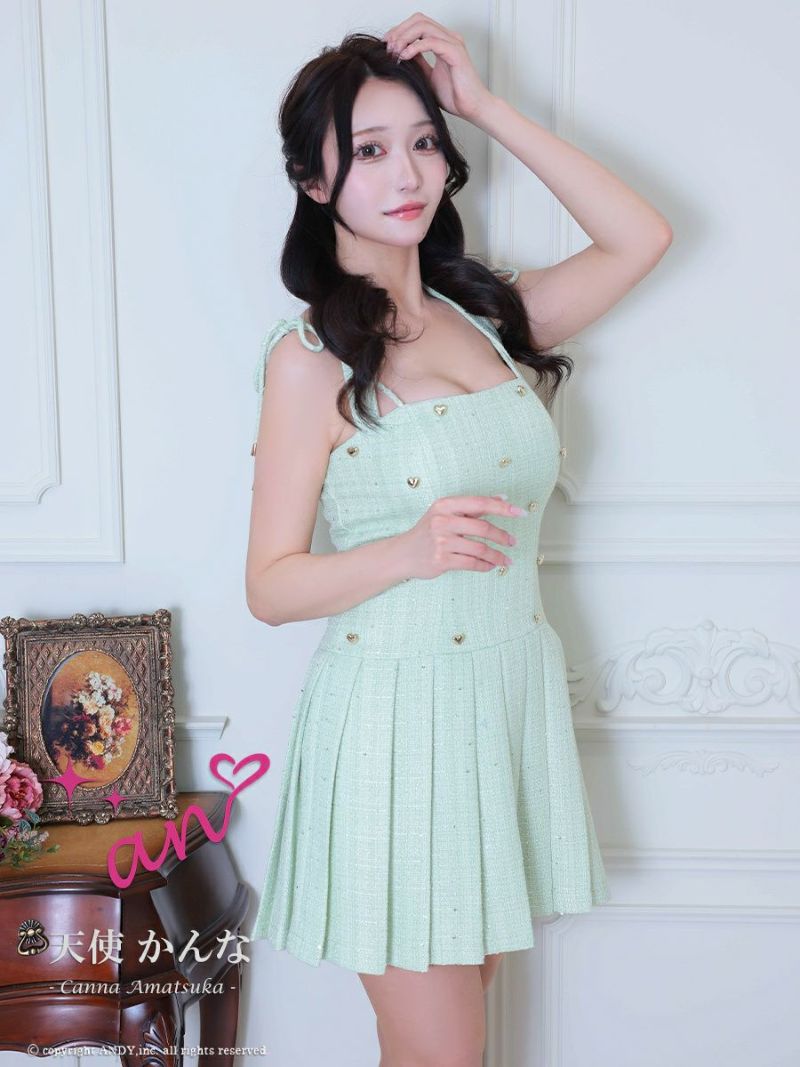 キャバドレス an アン 高級 ホルターネック ツイード ショルダーリボン スパンコール ビジュー ボタン プリーツ フレアミニドレス