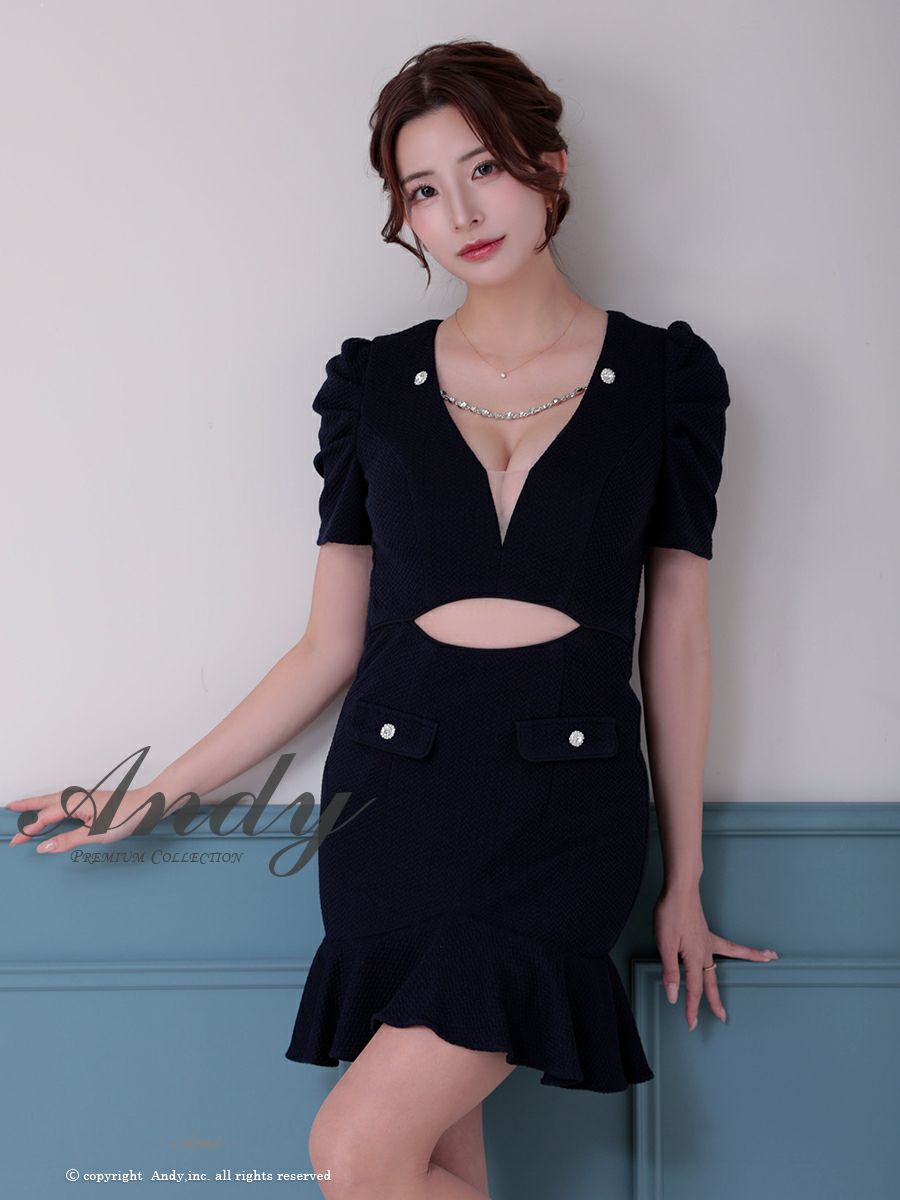 キャバドレス Andy アンディ 高級 半袖 ウエストカット バストシースルー チェーン 裾フリル ボタン タイトミニドレス