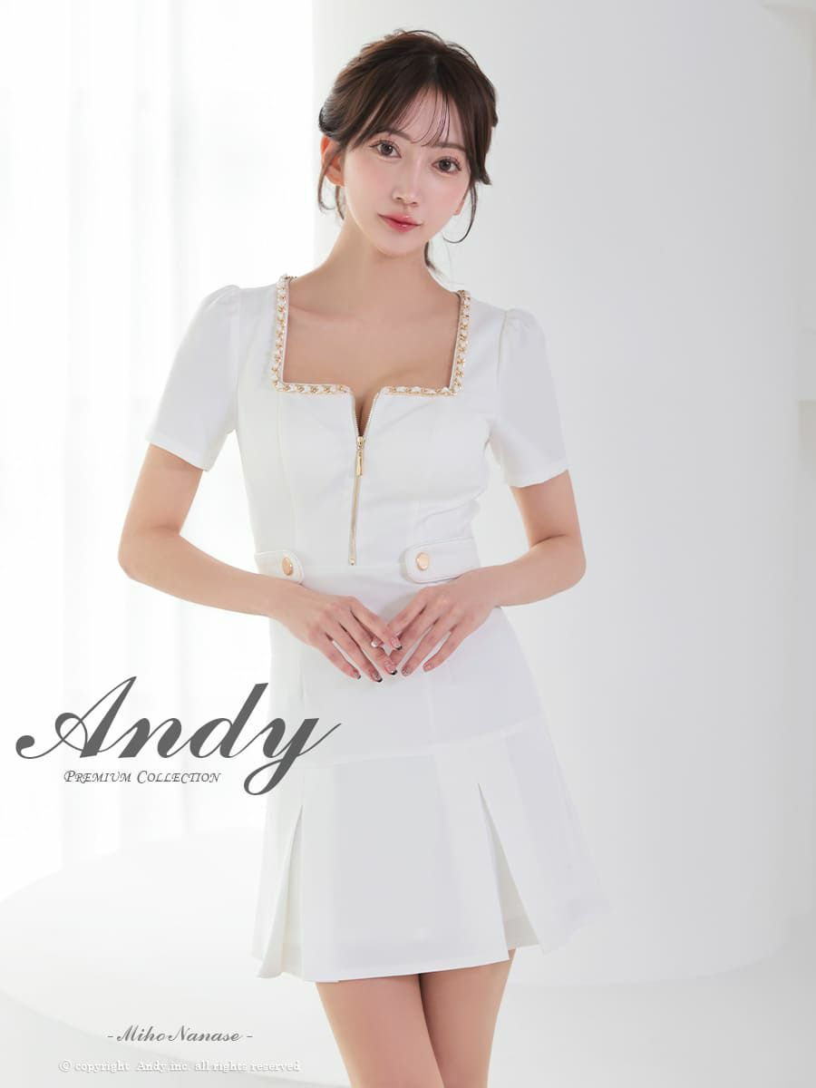 キャバドレス Andy アンディ 半袖 ワンカラー スクエアネック ジップデザイン ボタン ゴールドチェーン フレア ミニドレス