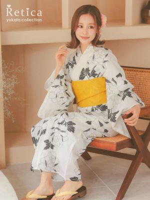 [浴衣 選べる帯]モノトーン 白地 × 牡丹...