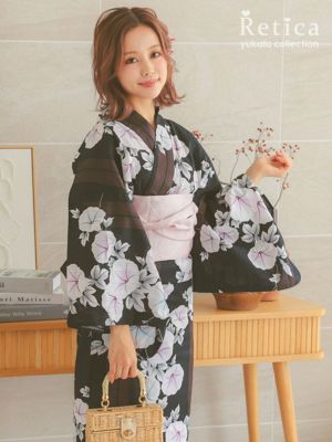 [浴衣] 淡め朝顔柄チェックに黒色上品ゆかた...