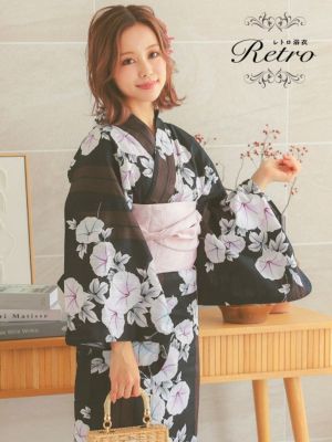 SALE [浴衣 選べる帯] 淡め朝顔柄チェ...
