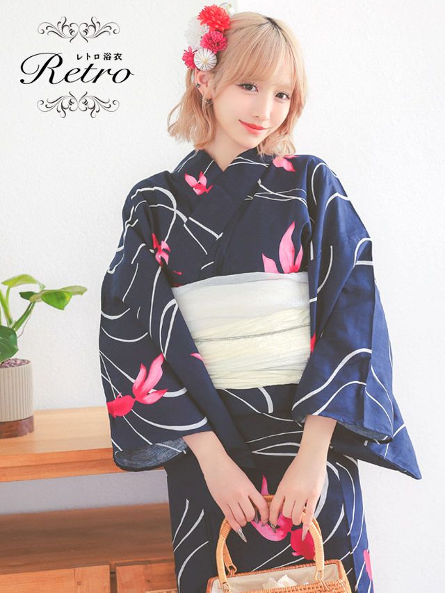 浴衣 レトロ 紺地 流水金魚 ゆかた 3点セット 兵児帯 下駄 しわへこ 金魚 ネイビー 和装