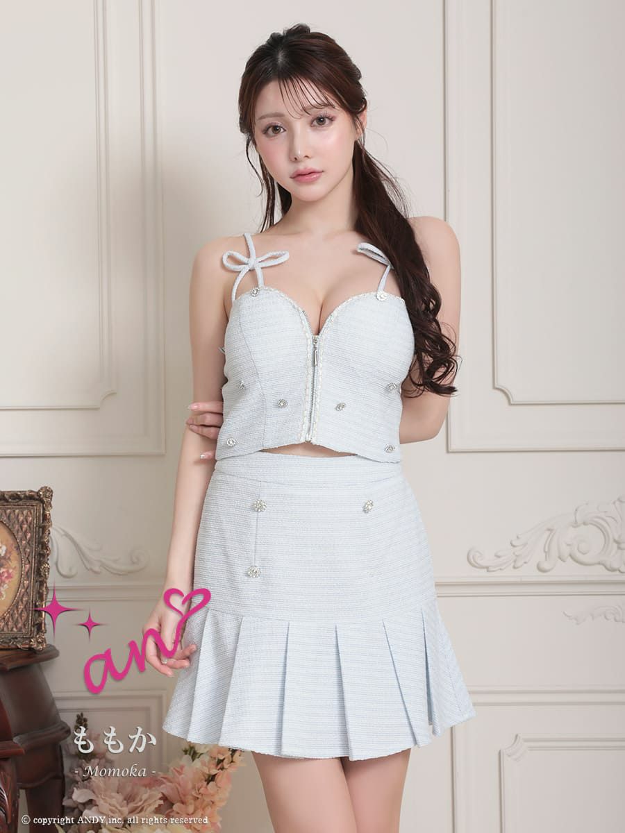 キャバドレス an アン 高級キャミソールセットアップフロントジップビジューリボンツイードプリーツ谷間魅せフレアミニドレス