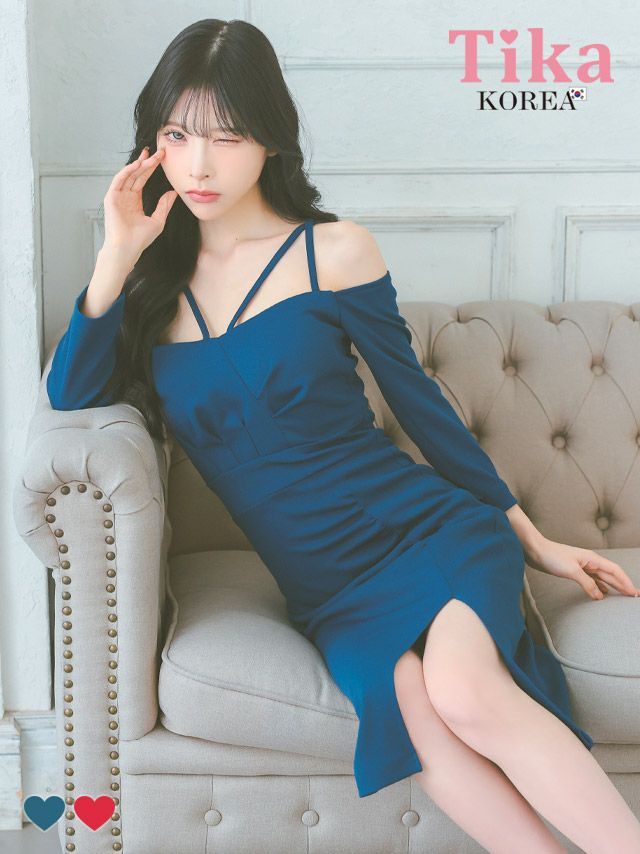 キャバドレス 膝丈 大きいサイズ タイト 韓国 ワンピース ミニドレス スリット 袖あり 体型カバー