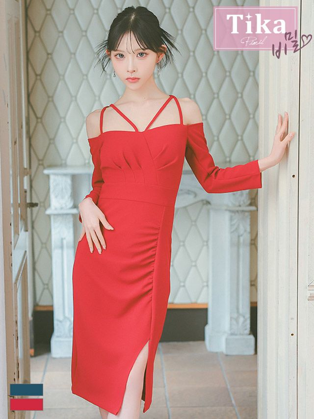 キャバドレス 韓国 膝丈 大きいサイズ タイト ミニドレス 袖あり ワンピース 体型カバー