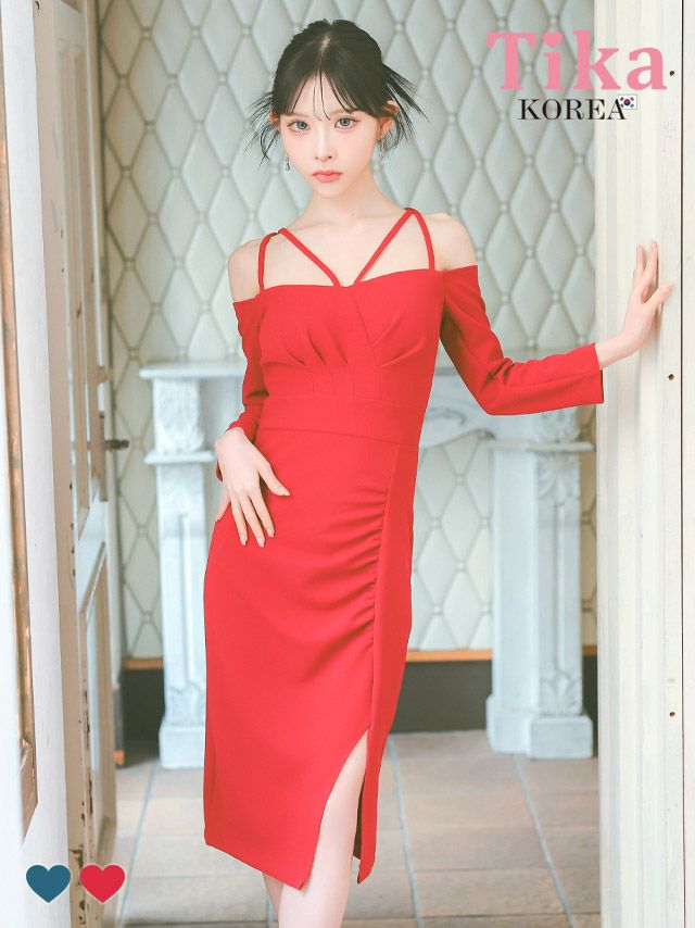 キャバドレス 韓国 膝丈 大きいサイズ タイト ミニドレス 袖あり ワンピース 体型カバー