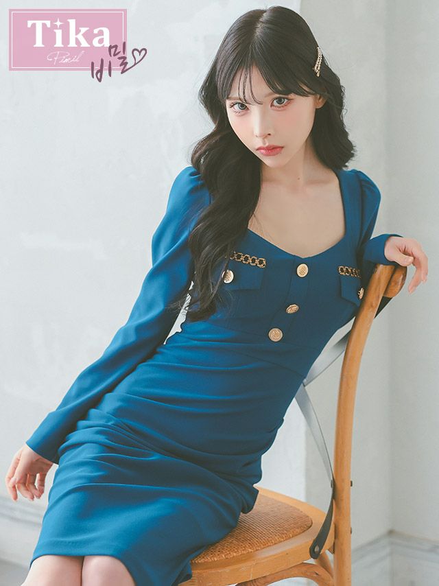 キャバドレス韓国 膝丈 タイト 大きいサイズ 袖あり ミディアムドレス キャバクラ ワンピース