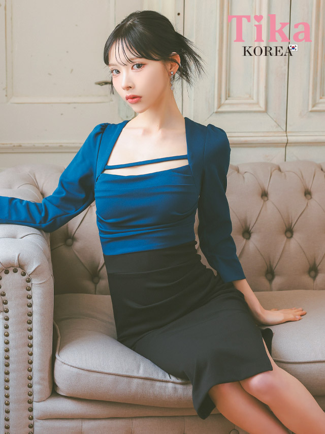 キャバドレス 韓国 膝丈 大きいサイズ タイト 袖あり ワンピース 体型カバー ミディアムドレス