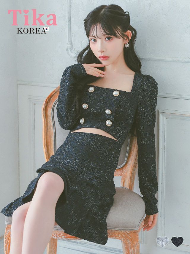 キャバドレス 韓国 ツイード ワンピース 大きいサイズ 袖あり フレア ミニ丈 キャバクラ