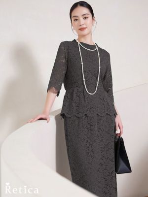 ワンカラー総レース5部袖トップスタイトスカー...