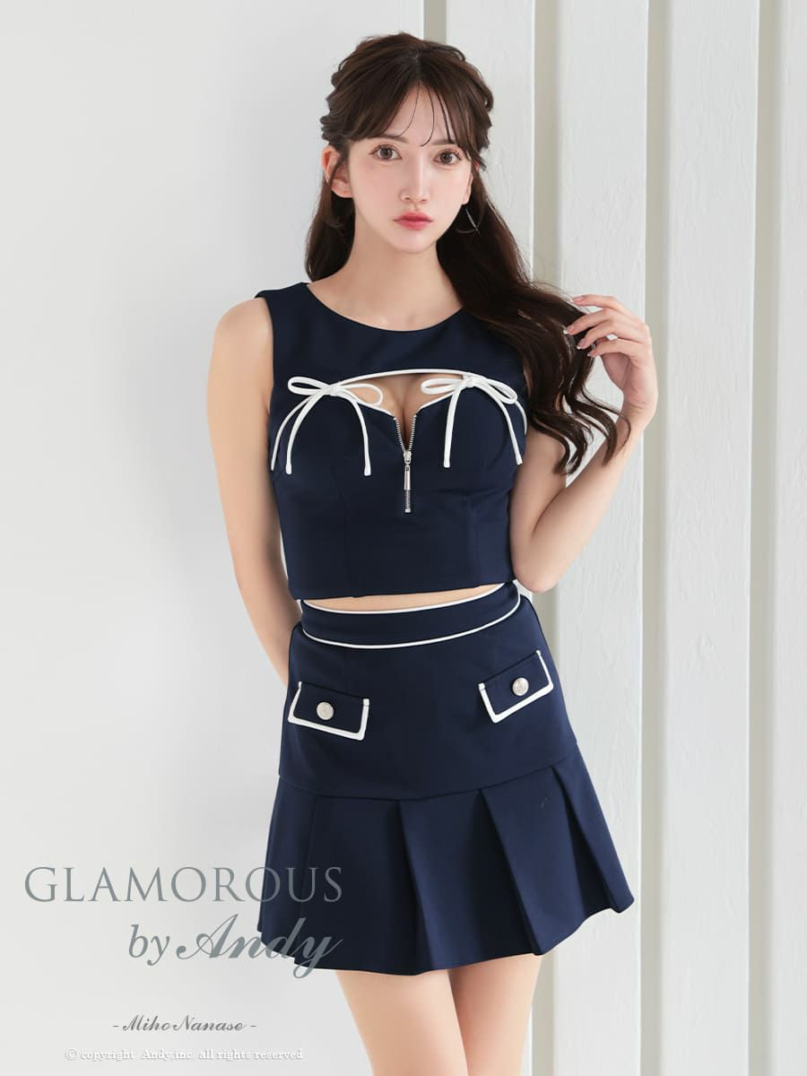 高級セットアップジップリボンノースリーブポケット谷間見せフリルミニドレス