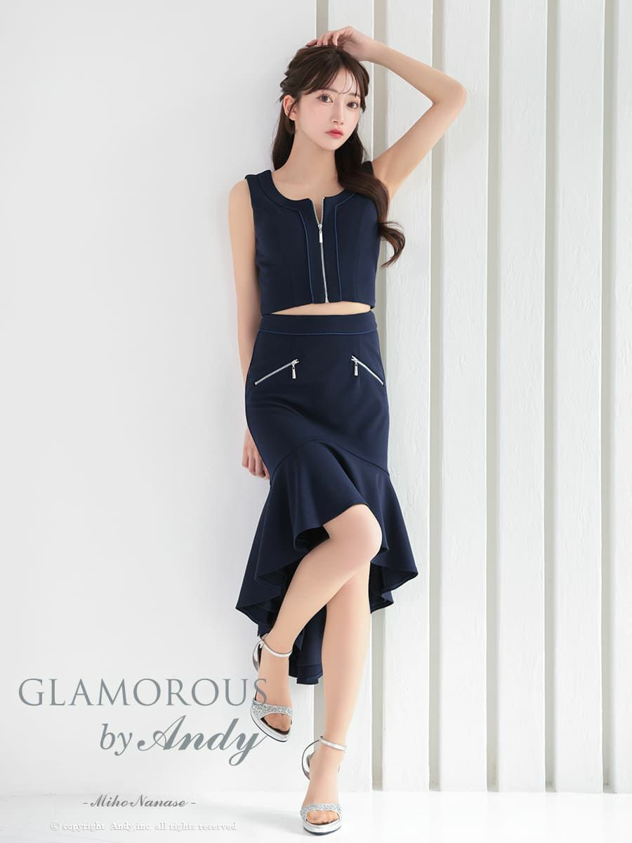 高級ノースリーブフロントジップセットアップマーメイド谷間魅せロングテールドレス