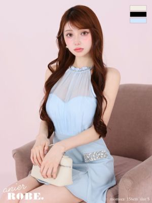 予約商品【8月上旬入荷予定】[anier.ROBE/アニエルローブ] 高級 ホルターネック サテン バストシースルー ビジュー スリット 背中魅せ タイトミニドレス