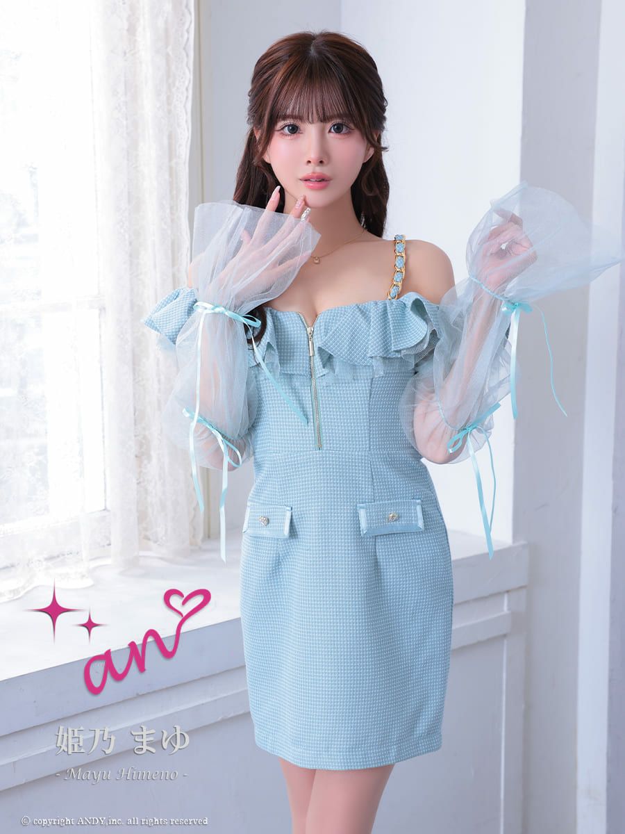 キャバドレス Andy アンディ 高級 キャミソール 肩あき チェック ジップデザイン ポケット フリル チュール袖 ビジュー タイトミニドレス