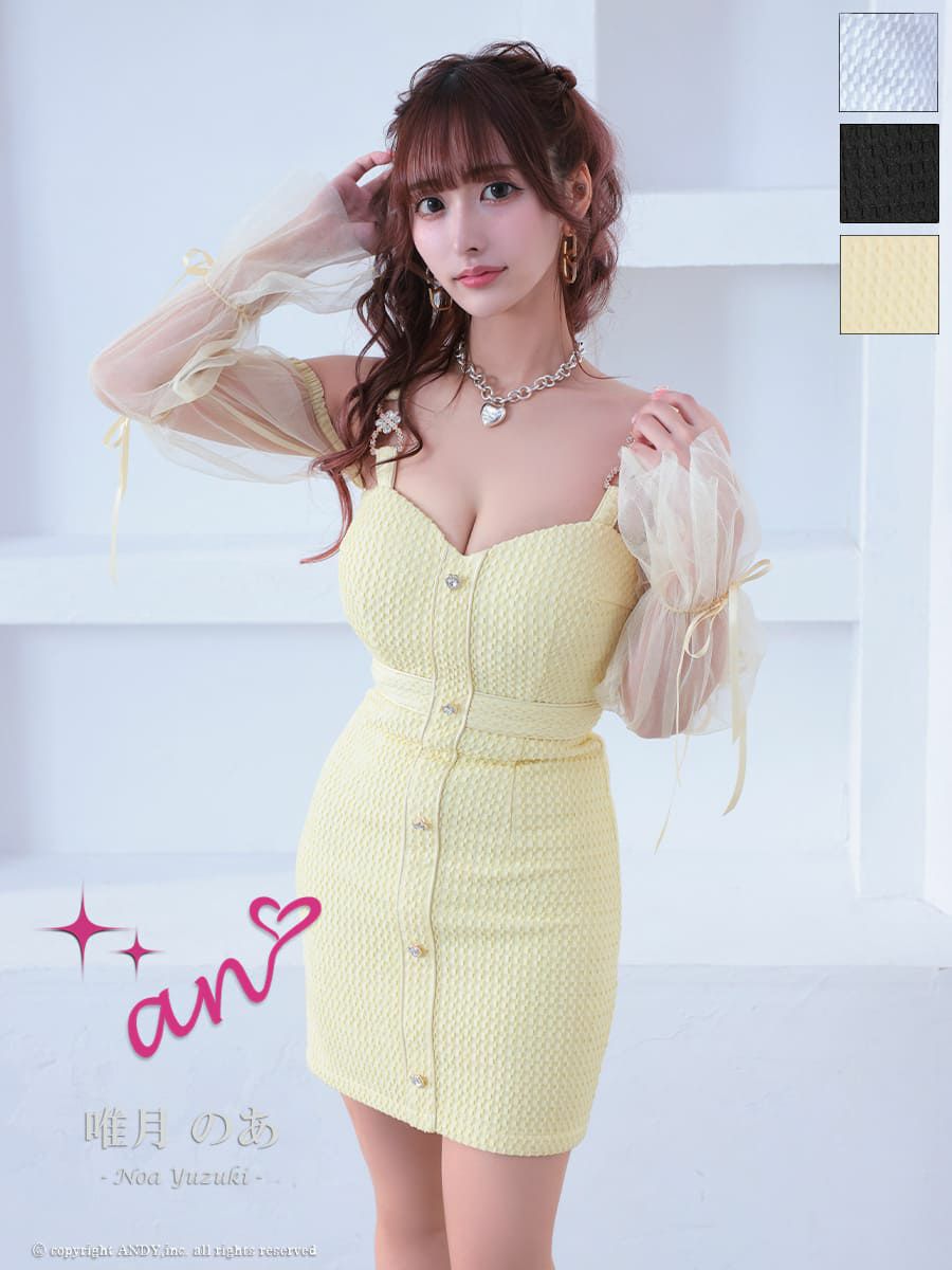 キャバドレス an アン 高級キャミソールチュール袖ハートビジュータイトミニドレス