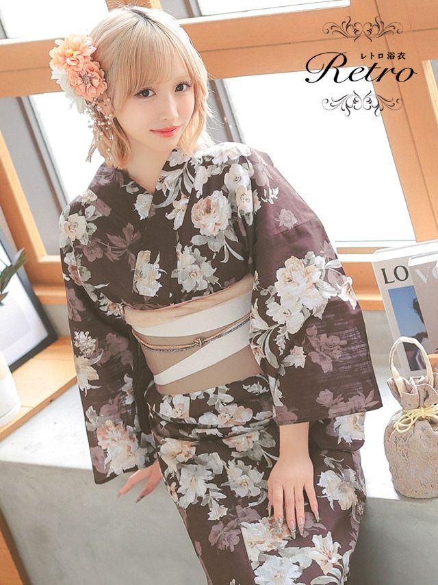 浴衣 レトロ セット 下駄 帯 作り帯 平帯 和装 夏祭り フラワー アンティーク モダン 茶色