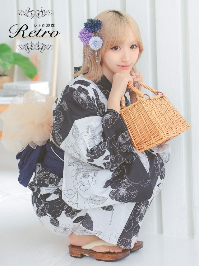 浴衣 セット 帯 下駄 兵児帯 モノトーン レトロ 椿 モダン つばき 和装 白地 夏祭り 和服