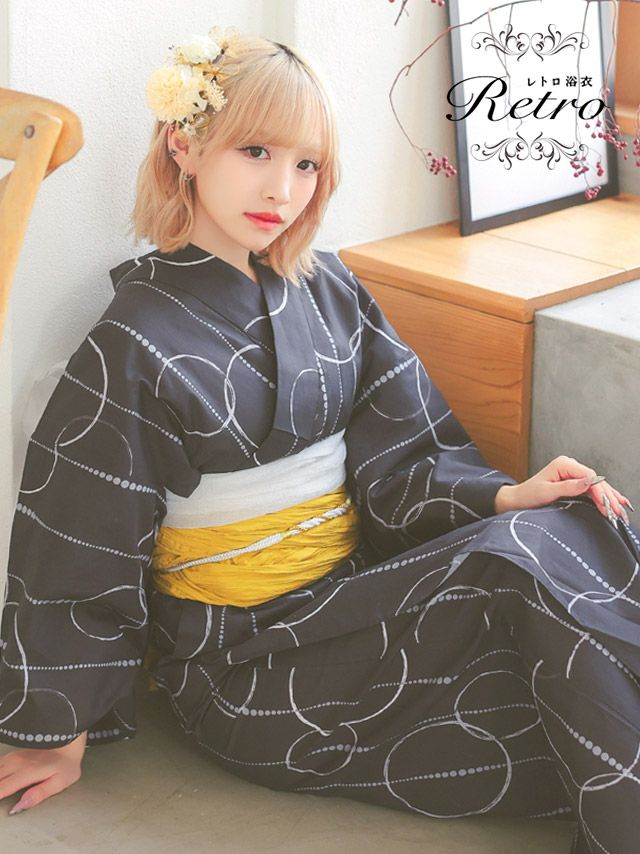 浴衣 レディース セット 下駄 兵児帯 レトロ モダン 黒地 ブラック ゆかた 和装 和服