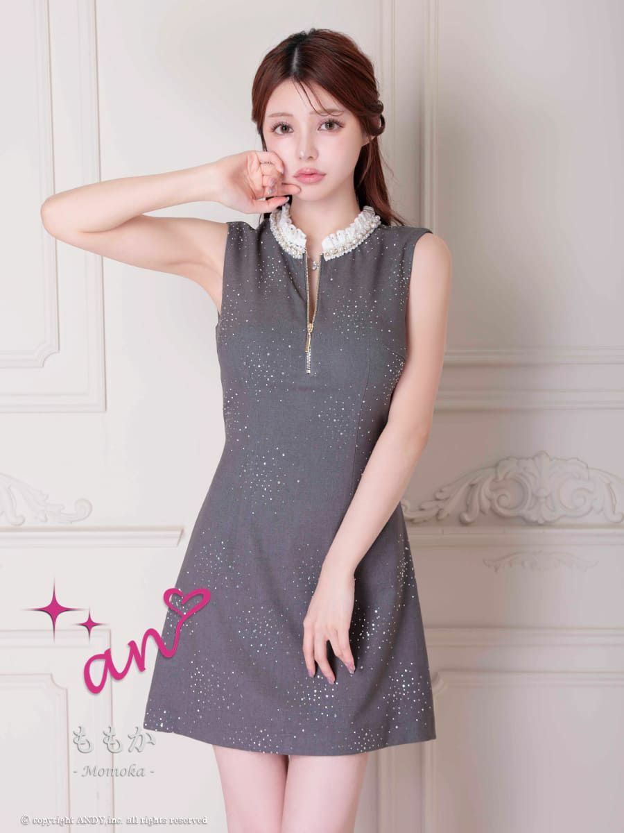 キャバドレス Andy アンディ 高級ノースリーブパールレースジップデザイン背中魅せフレアミニドレス