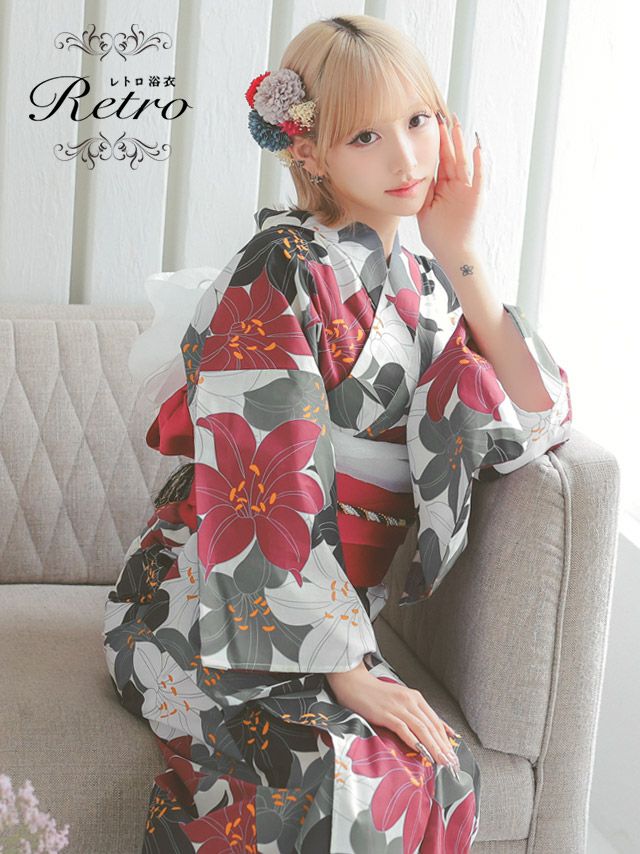 浴衣 セット レディース レトロ 和装 帯 下駄 作り帯 平帯 モダン ユリ 百合