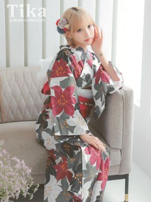 浴衣] 妖艶 ベージュ地にヴィンテージフラワー ゆかた3点セット