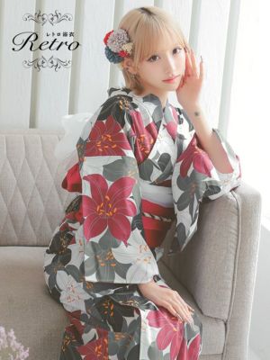[SALE] [浴衣 選べる帯] 古典レトロ 埋め尽くし百合柄 2025 3点セット まやりん着用 (ゆかた・平帯or作り帯・下駄)