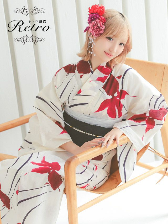 浴衣 レディース セット 帯 下駄 平帯 ゆかた 金魚 クリーム地 白地 レトロ 高級