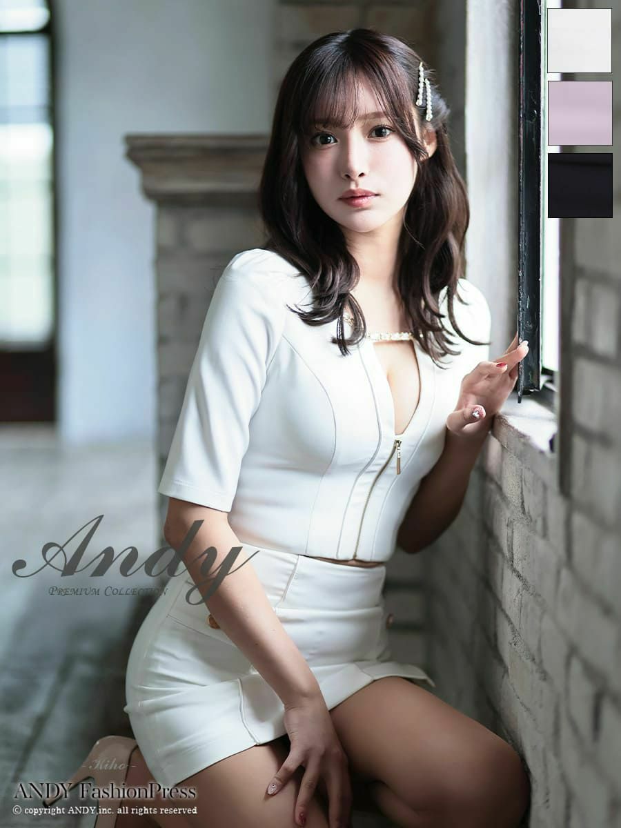 キャバドレス Andy アンディ 高級 袖あり バストカット ポケット セットアップ ジップデザイン スリット タイトミニドレス