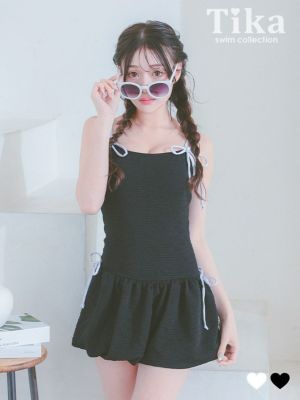水着 バイカラーリボン 韓国風 体型カバー ガーリー ワンピースビキニ (ブラック/雨宮由乙花着用)