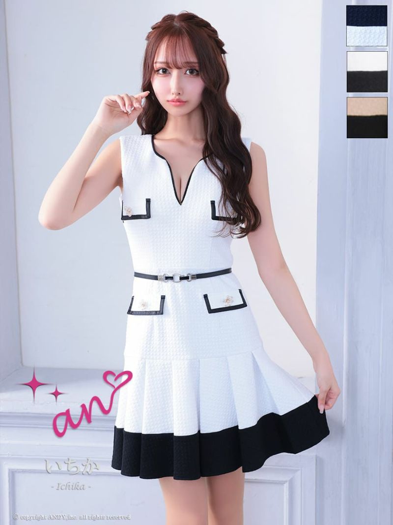 高級 ノースリーブ ウエストベルト ポケット 背中魅せ バストカット プリーツ フレアミニドレス　