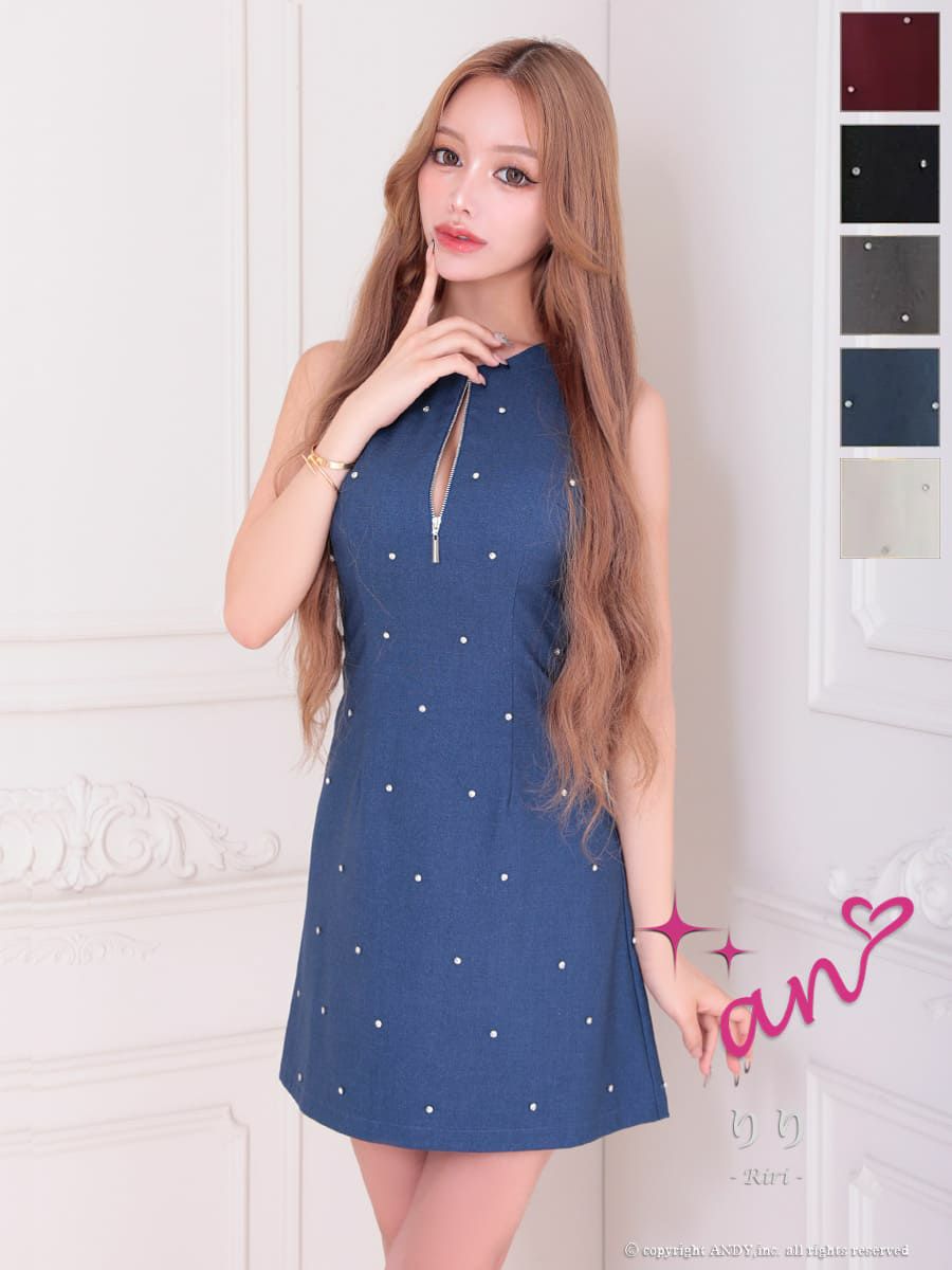 キャバドレス Andy アンディ 高級 ノースリーブ ジップデザイン ビジュー ドット柄 背中魅せ フレアミニドレス