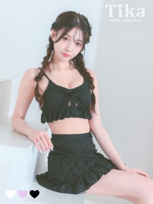 水着 エンブロイダリー レース カットアウト リボン ビスチェ 体型カバー フリル ラップスカート 韓国風 ガーリー タンキニ (ブラック/雨宮由乙花着用)