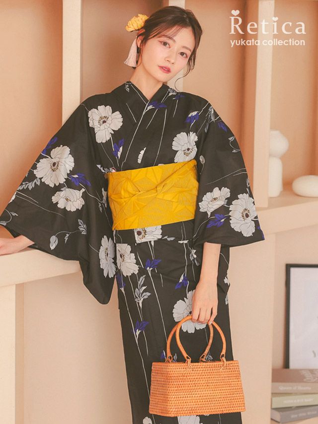 モノトーン ポピー 麻の葉模様 ゆかた3点セット