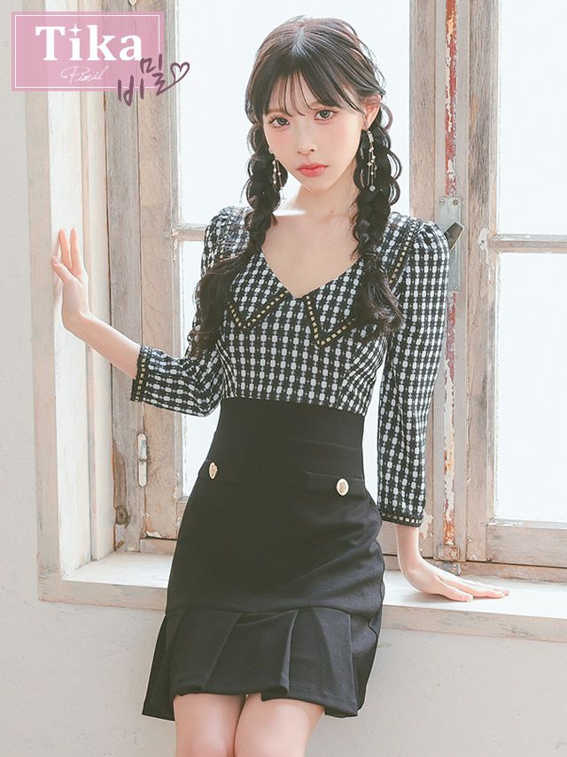 キャバドレス 韓国 ミニ丈 大きいサイズ タイト ミニドレス ワンピース チェック柄