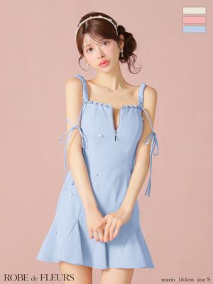 [ROBEdeFLEURS/ローブドフルール] 高級 キャミソール ジップ ショルダーリボン ビジュー フレアミニドレス