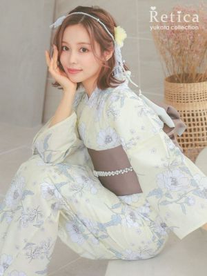 [浴衣 選べる帯] ピュアイエローに線画牡丹...