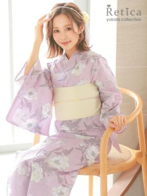 [浴衣 選べる帯] 甘めピンクに線画クリーム...