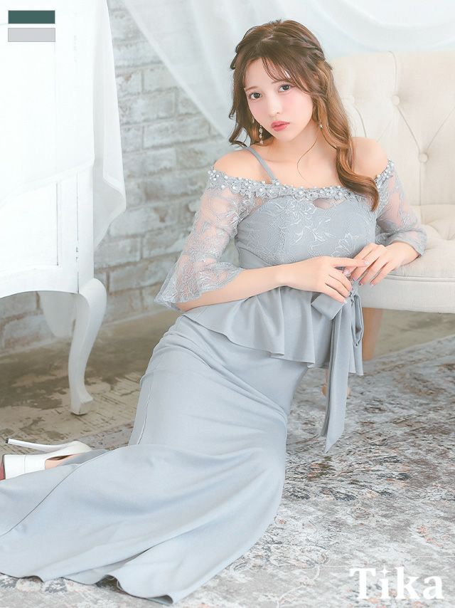 キャバドレス ロング丈 大きいサイズ タイト 体型カバー 袖あり ペプラム ロングドレス