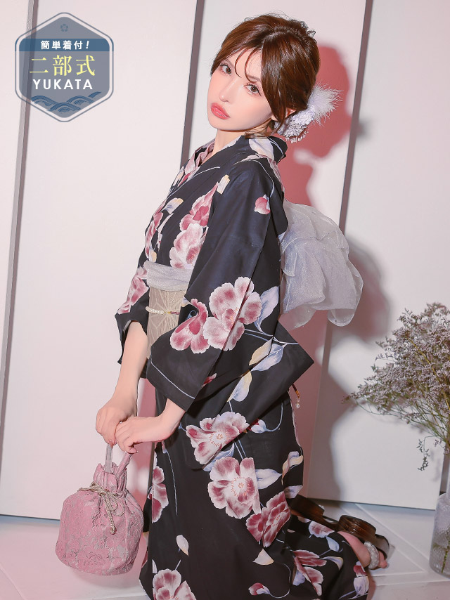 浴衣 レディース セット 作り帯 下駄 黒地 セパレート 二部式 ゆかた グラデーション