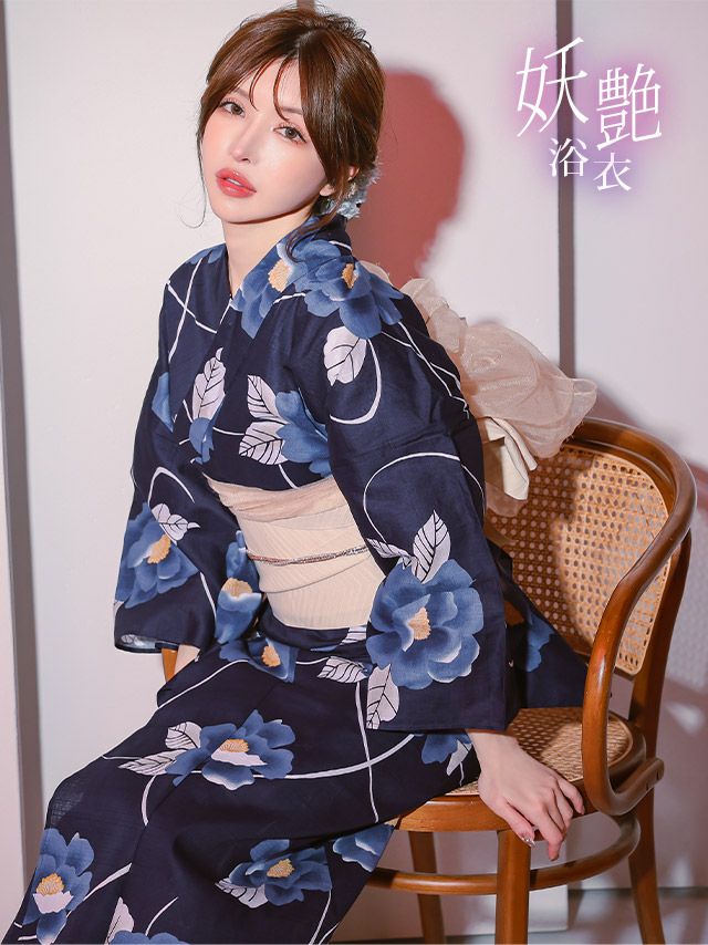 浴衣 レディース 平帯 紺地 椿 ゆかた セット 青 つばき 和装 和服 モダン 夏祭り