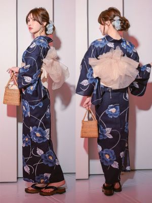 ラスト！新品☆呉服屋♪大人上品な椿　濃紺に暈し椿　夏着物　浴衣３点セット SALE [浴衣] 紺地 青椿 2025 妖艶シリーズ 2点セット (ゆかた・平帯)
